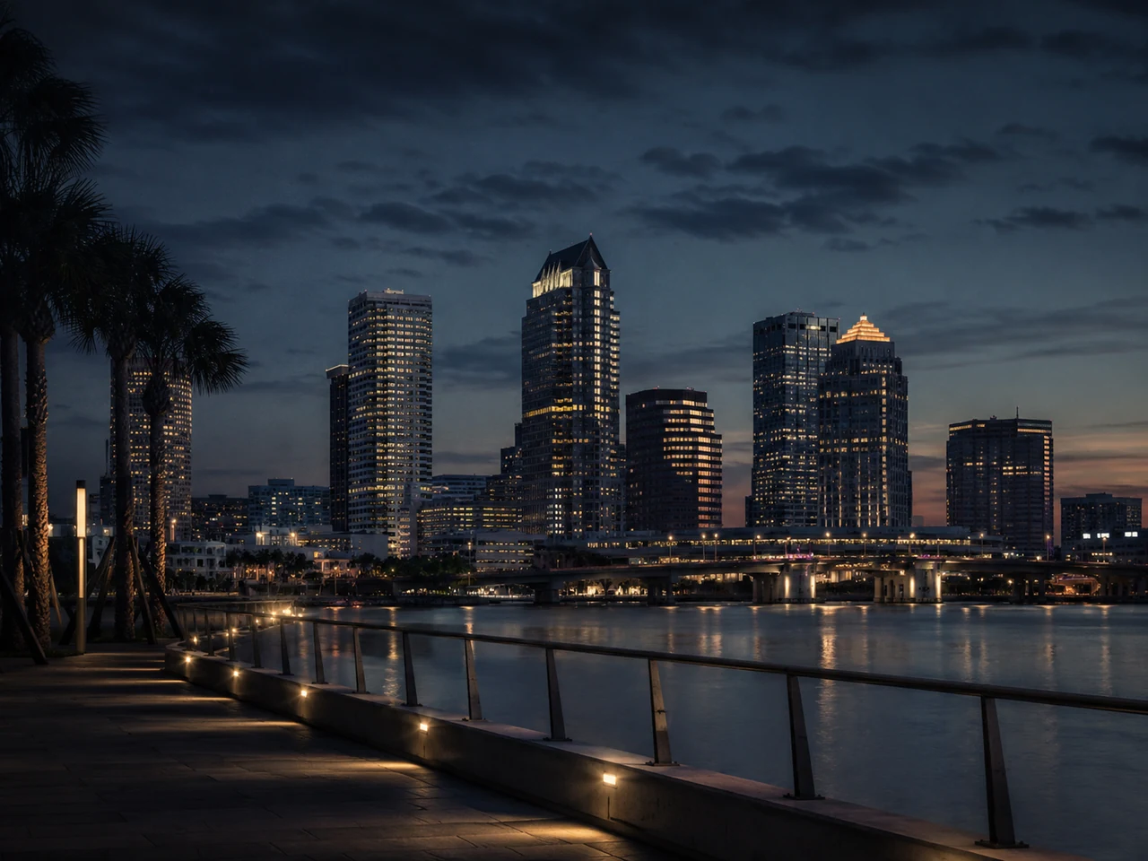 Vista del centro de Tampa junto a la bahía al atardecer