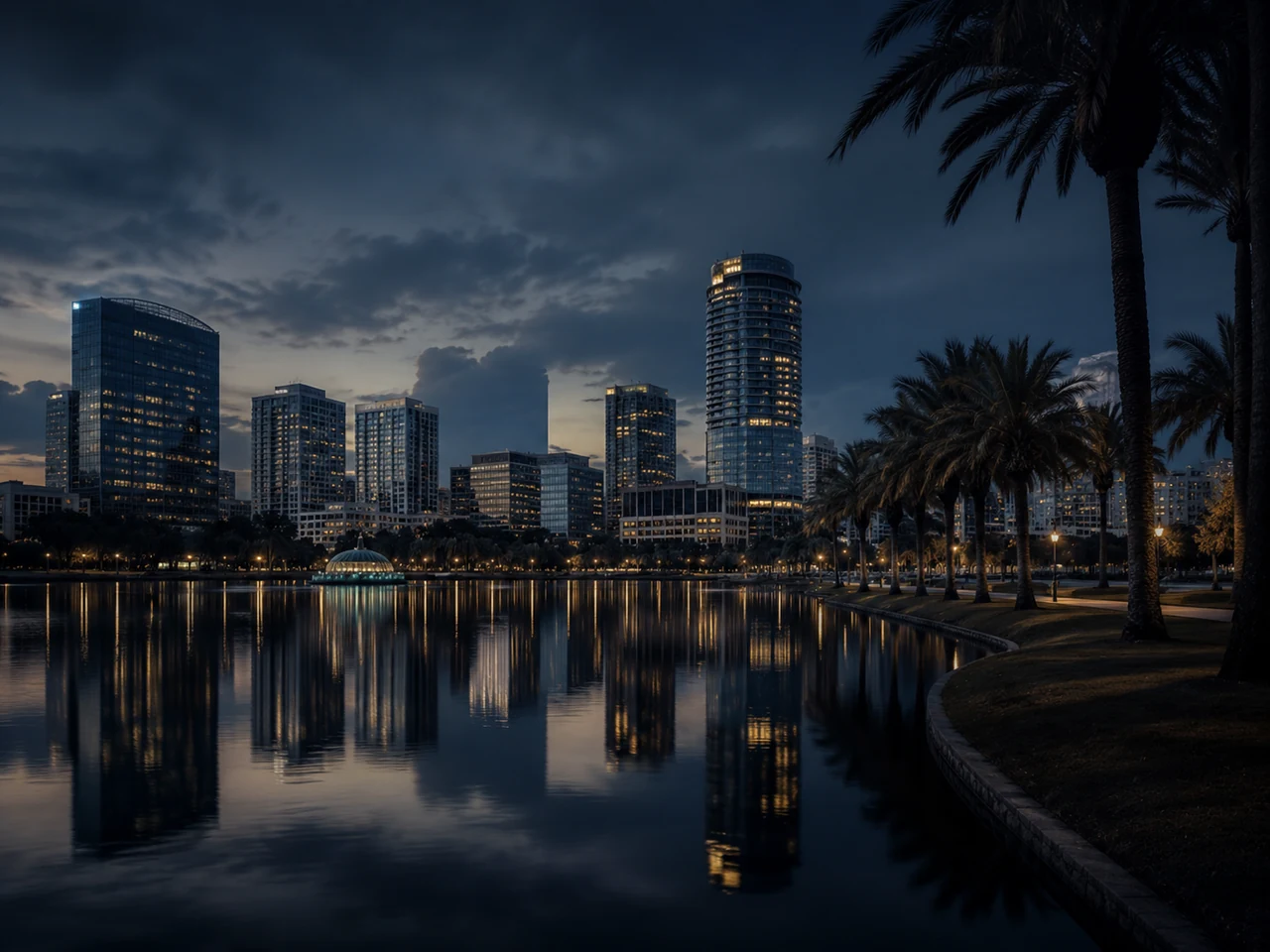 Vista del centro de Orlando sobre el agua al atardecer
