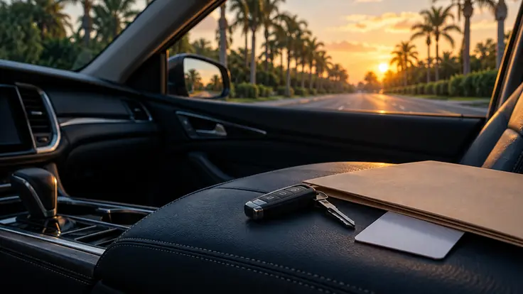 Llaves de auto, una licencia de conducir en blanco y un expediente cerrado sobre la consola central de un auto, con una avenida de palmeras en Florida que se dirige hacia un sol bajo