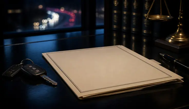 Llaves de auto junto a un expediente cerrado sobre un escritorio oscuro, con luces de tráfico al fondo