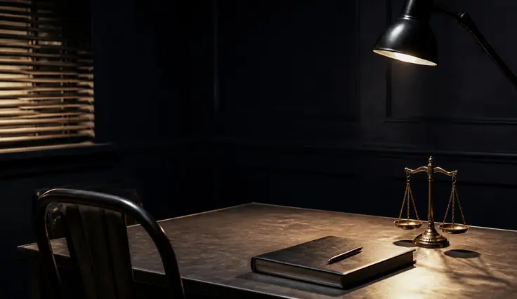 Un escritorio en penumbra con una balanza de la justicia, una libreta y una lámpara