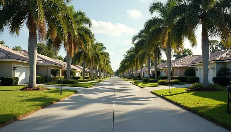 A quiet Florida residential street lined with palm trees and single-story homes