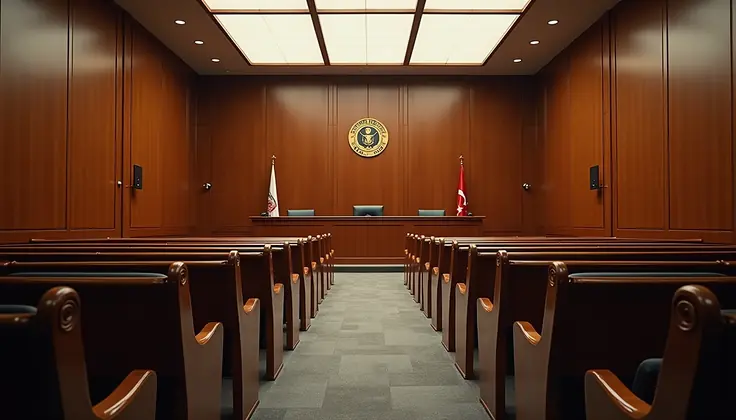 An empty wood-paneled courtroom with rows of benches facing the bench