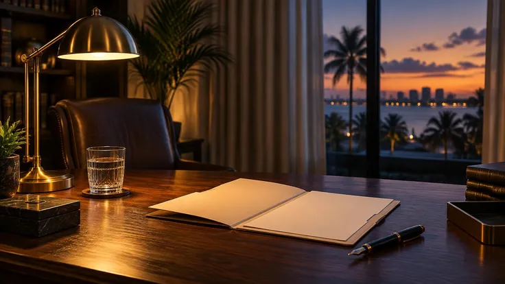 AI-generated editorial illustration of a consultation desk with an open folder, brass lamp and Florida sunset