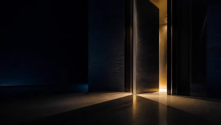 A dark doorway standing slightly open, with a narrow line of warm light falling across a polished floor